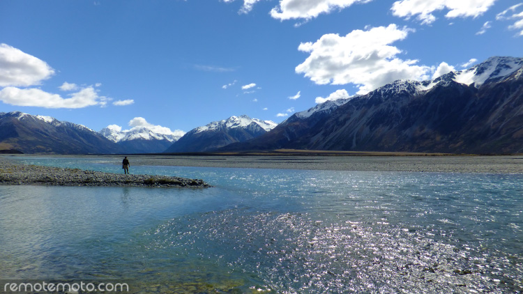 A fly fisherman working the banks of the Rakaia River