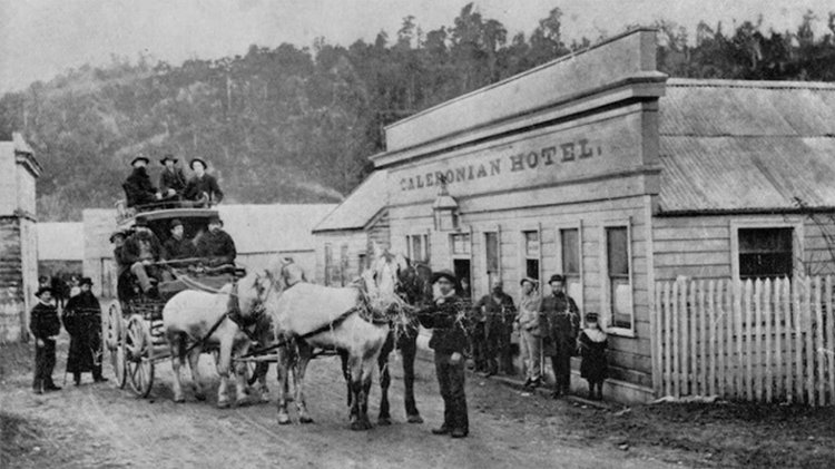 1882 - Brunner Parade along the main street, outside Notown's Caledonian Hotel